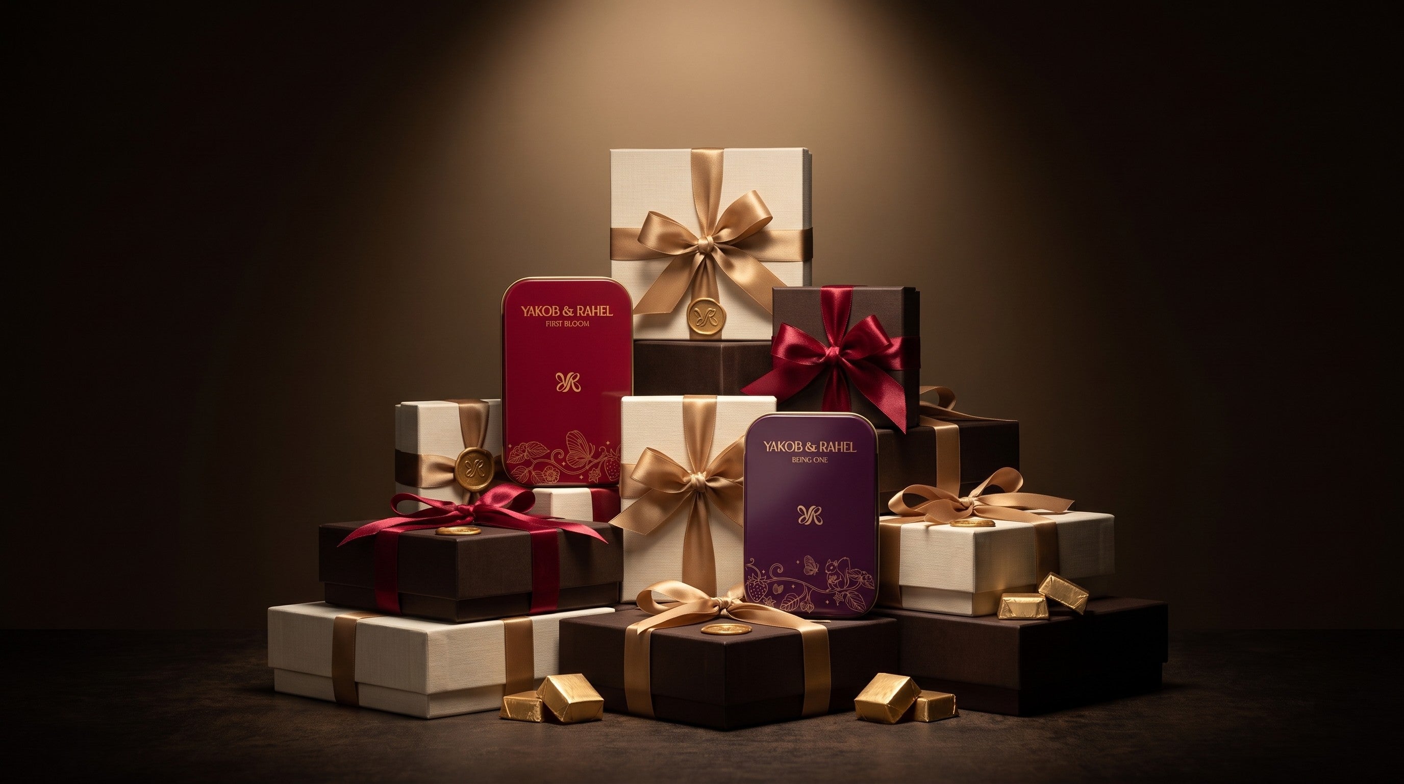 A tower of Yakob & Rahel gift boxes in cream linen and baroque brown, tied with gold and crimson ribbon, with the First Bloom and Being One chocolate tins resting against them under a single warm light