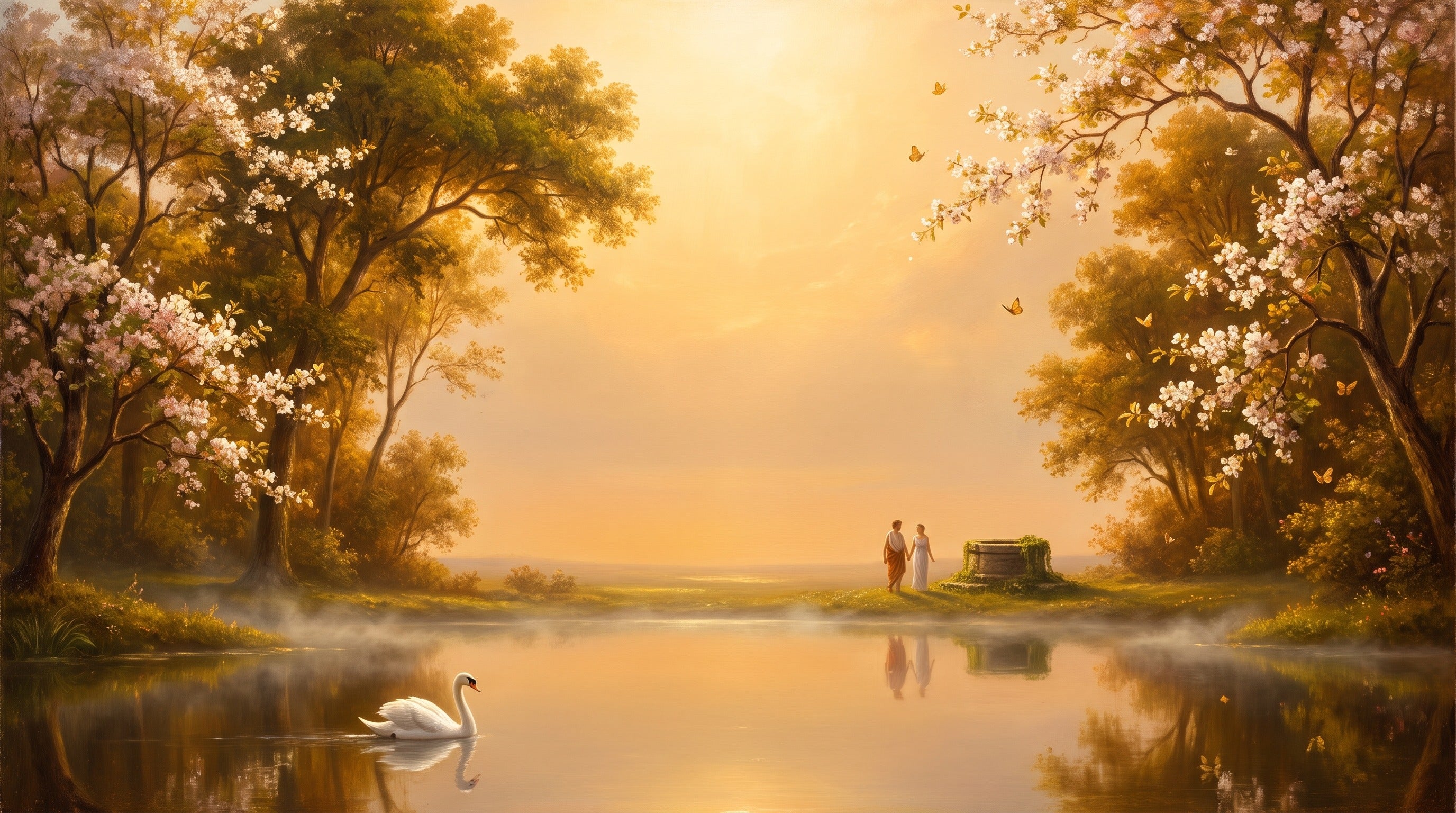 A heavenly garden at golden dawn — blossoming trees around a still lake with a swan, and two figures walking together beside a stone well