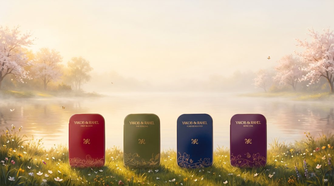 The four Yakob & Rahel tins standing in a heavenly flower meadow beside a misty lake at dawn